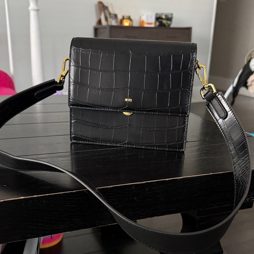 JW PEI Black Croc-Embossed Crossbody Bag